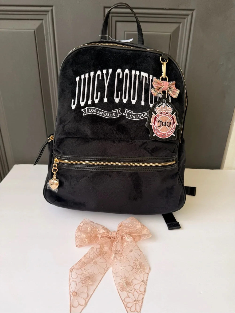 Juicy Couture Black Logo Velvet Backpack with Gold Hardware and Pink Charm